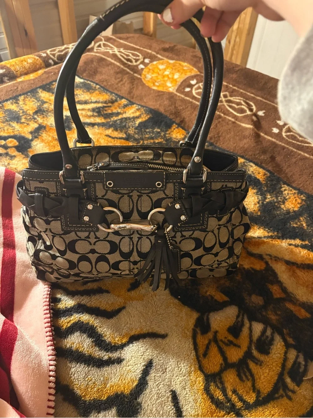 Coach Monogram Satchel in Black and Tan